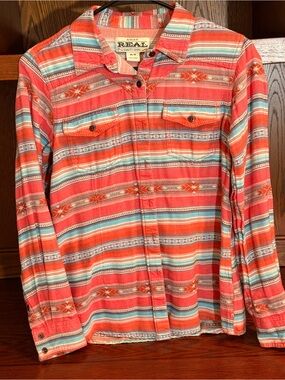 Ariat Coral, Teal & White Striped Button-Down Shirt